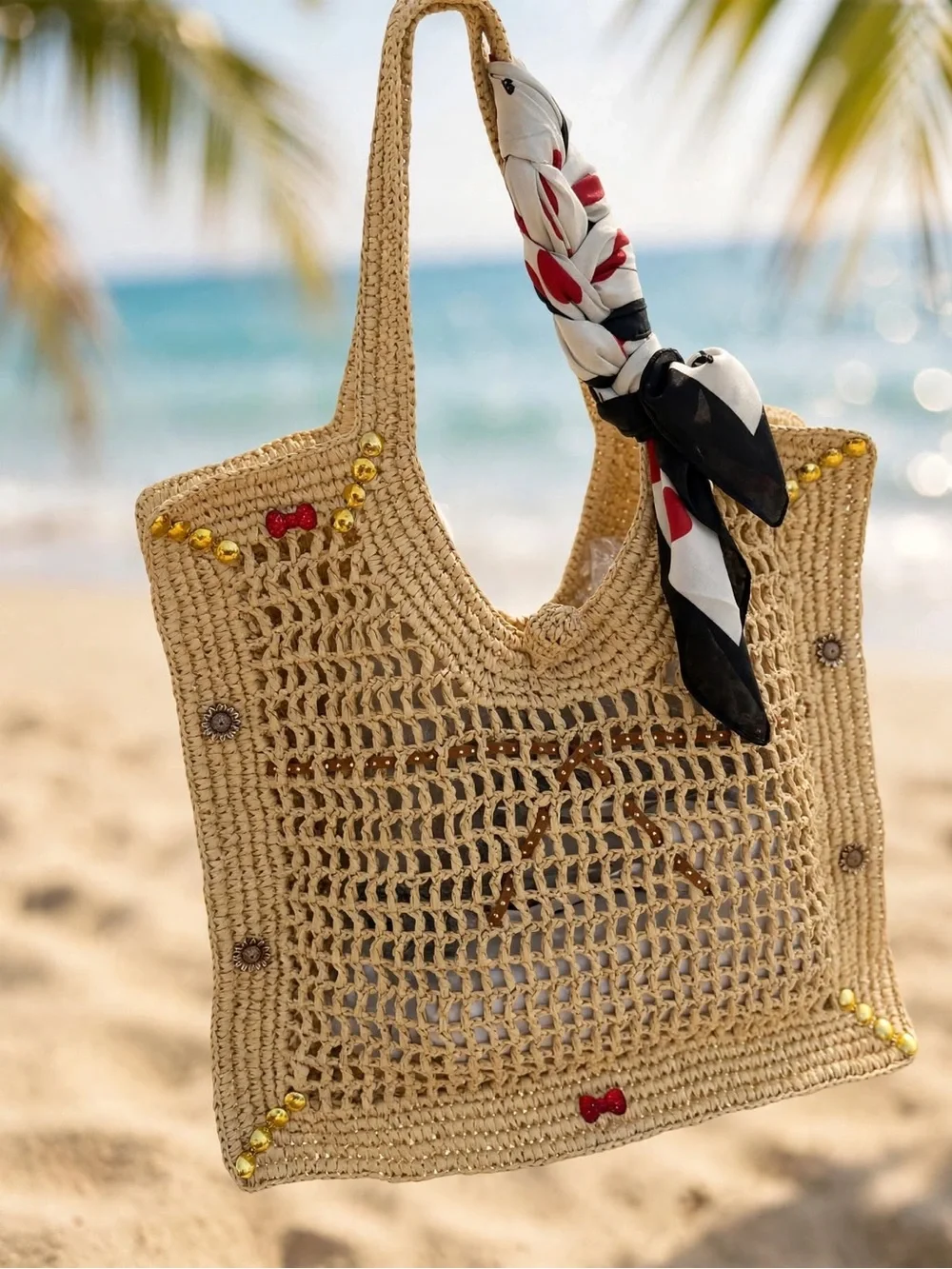 H&M Natural Woven Tote with Black, White & Red Scarf
